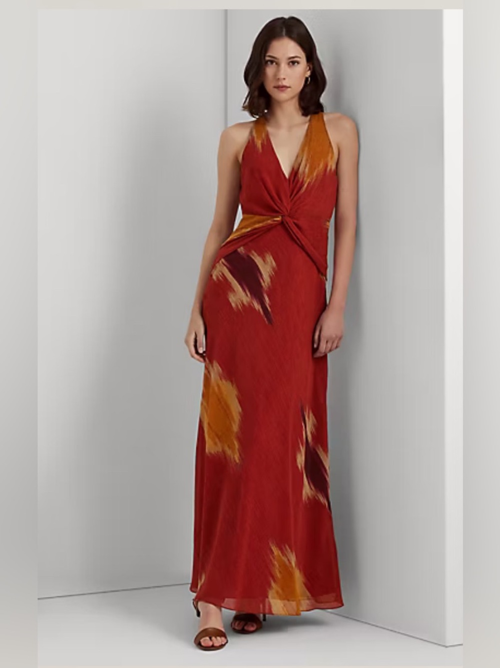 Ralph Lauren Red Maxi Dress with Orange-Gold Brushstrokes